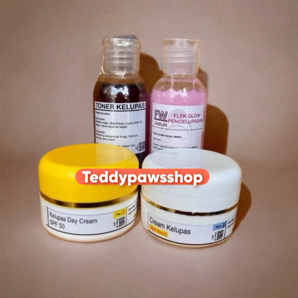 PAKET FLEK KELUPAS tutup kuning 4PCS/ FACIAL WASH+TONER+CREAM KELUPAS SIANG+CREAM KELUPAS MALAM
