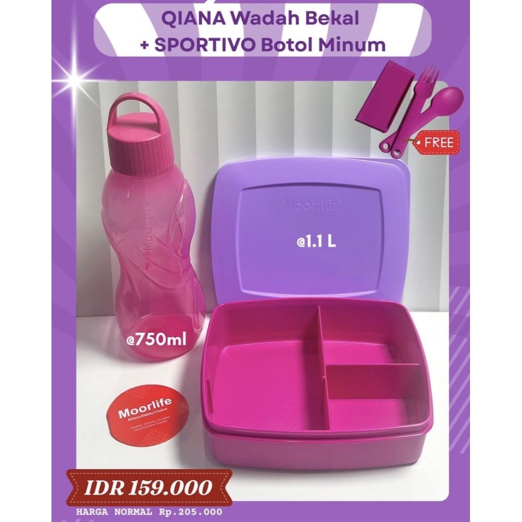 Moorlife original set makan qiana + botol minum sportivo