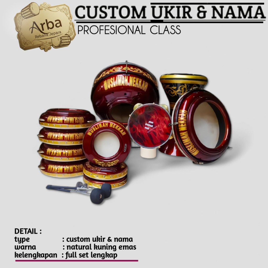 Rebana Hadroh 1 set lengkap / hadroh 1 set ukir Bergaransi / Rebana full set Jepara