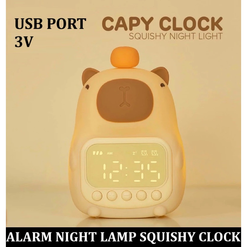 Jam Digital lampu tidur kapibara USB port Cute Capybara Silicone Night Light Alarm clock Squishy wek