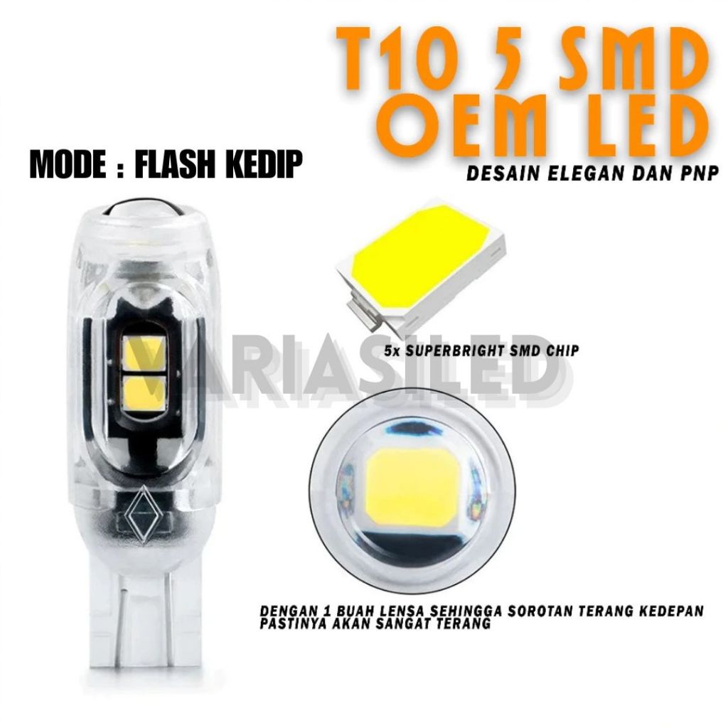 Lampu LED T10 Projector 5 LED SMD Flash Lampu Senja Rem Kedip Sein Kota DC 12V-24V
