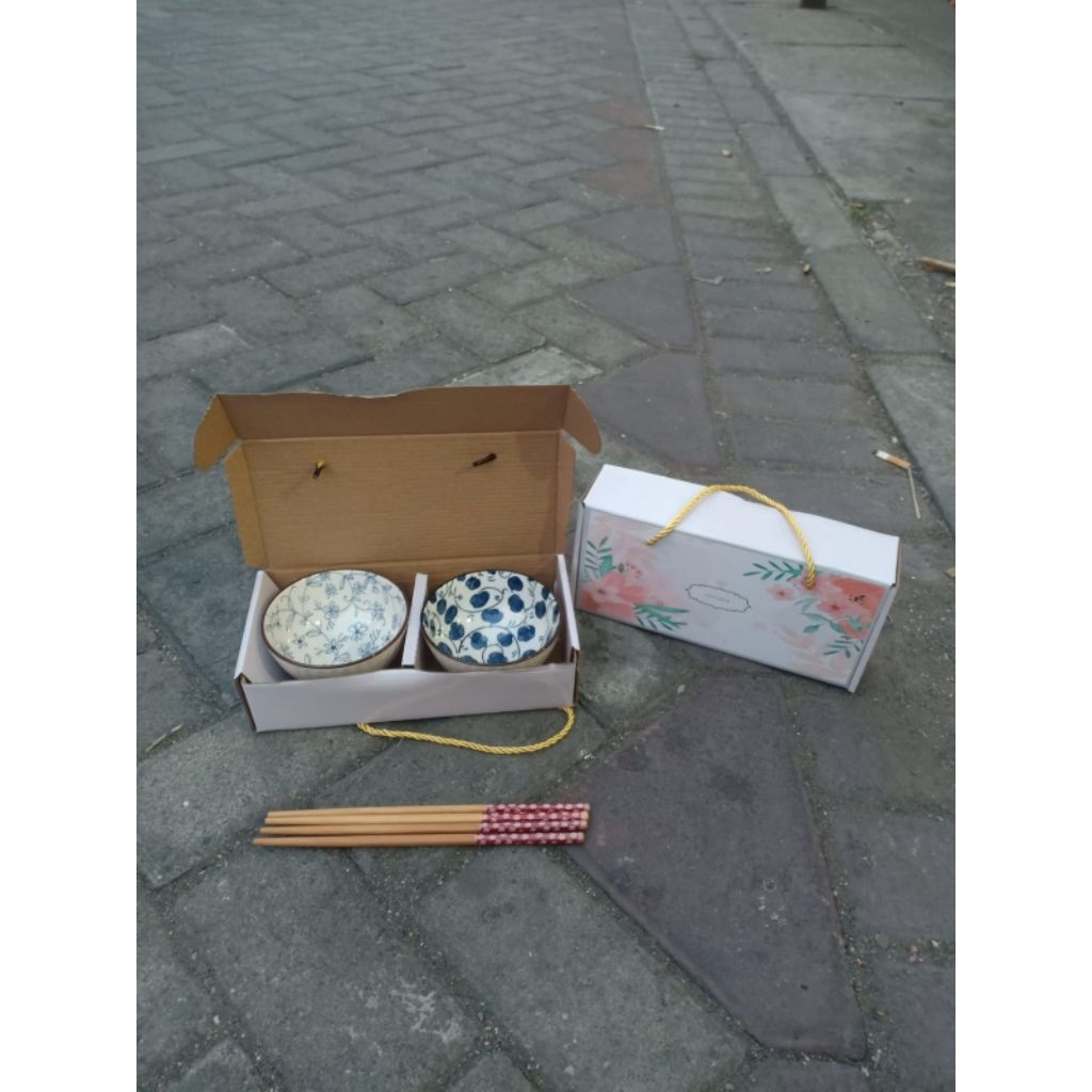 Mangkok Keramik Set 2 Pcs + Sumpit Bahan Keramik