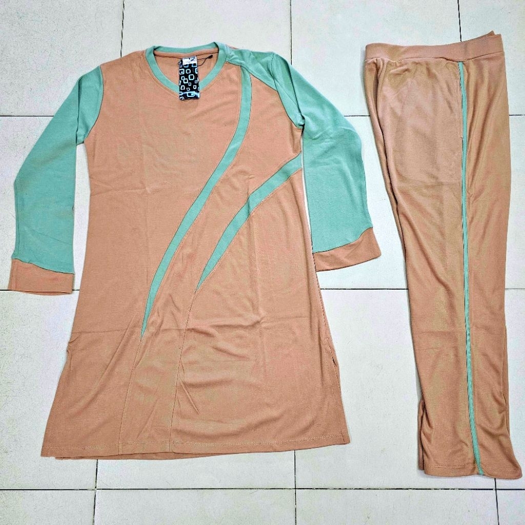 SETELAN BAJU OLAHRAGA SYARI'I MUSLIM WANITA / MODEL TUNIK PANJANG BAHAN PREMIUM NGARET COKLAT SAGE