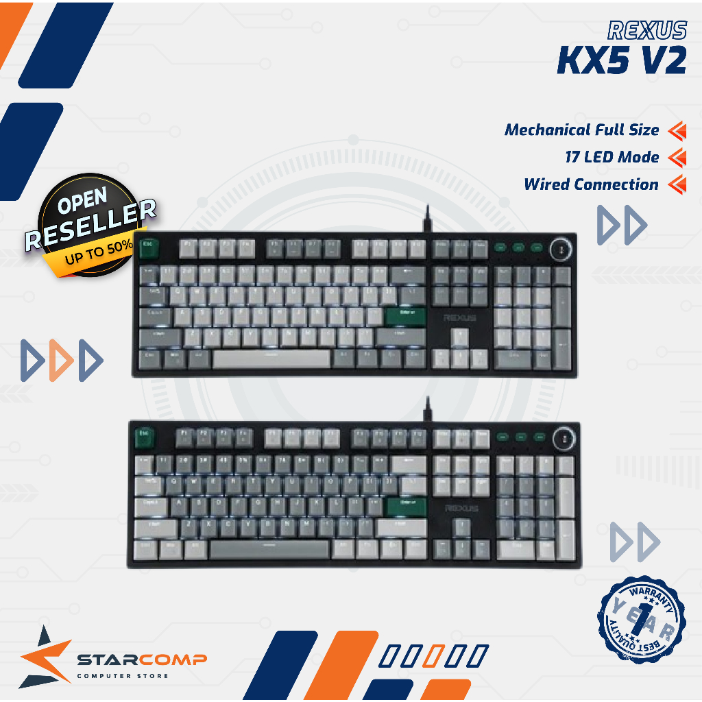 Rexus Heroic KX5 V2 Keyboard Mechanical Gaming Wired Dual Tone Keycaps RGB 17 Lightning Modes - Rexu