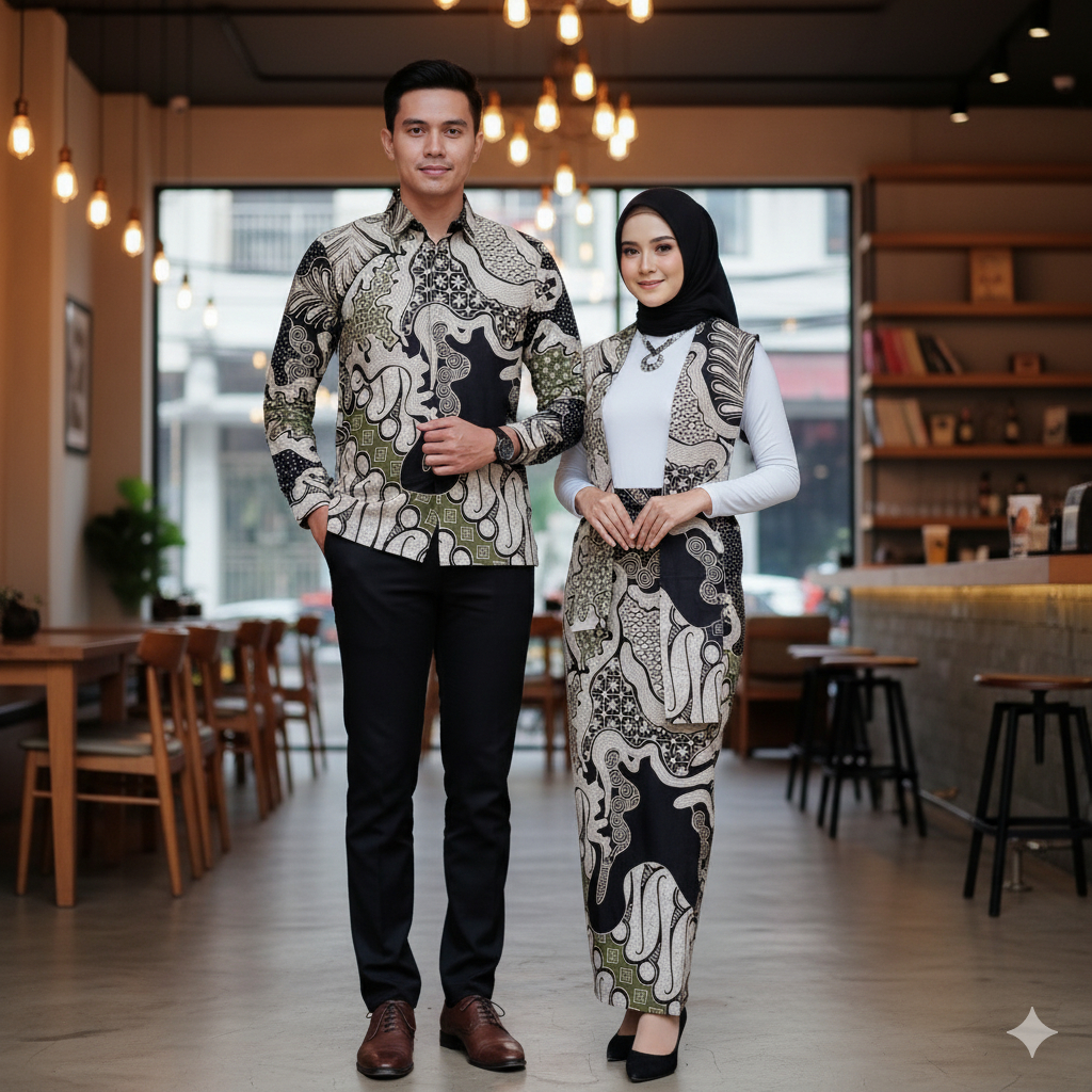 Galeri Batik Ardev - Couple Sarimbit Rok & Kemeja Slim Fit Warna Hijau Bahan Katun Motif Nirvata