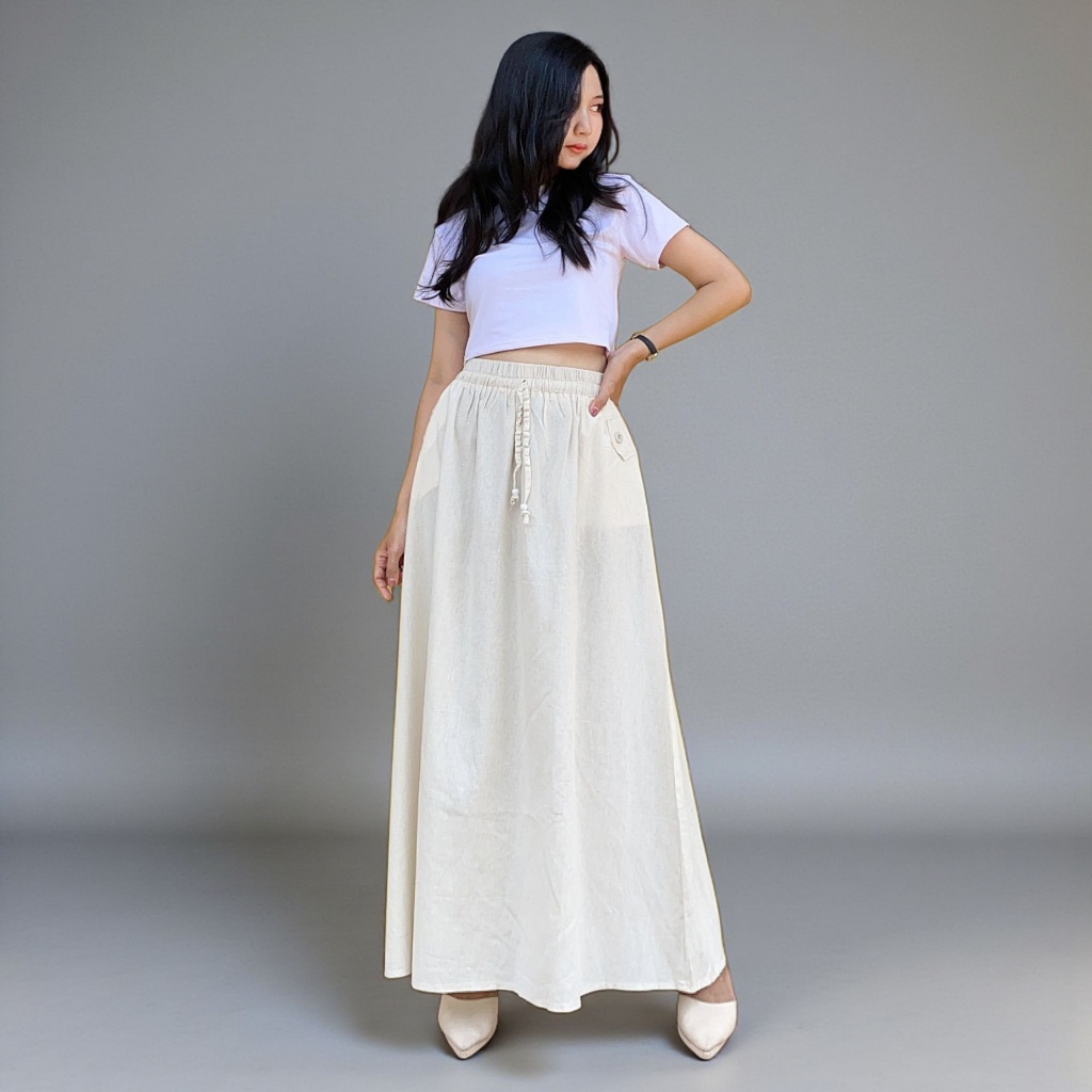 Rok payung katun linen bulu kuda cream premium