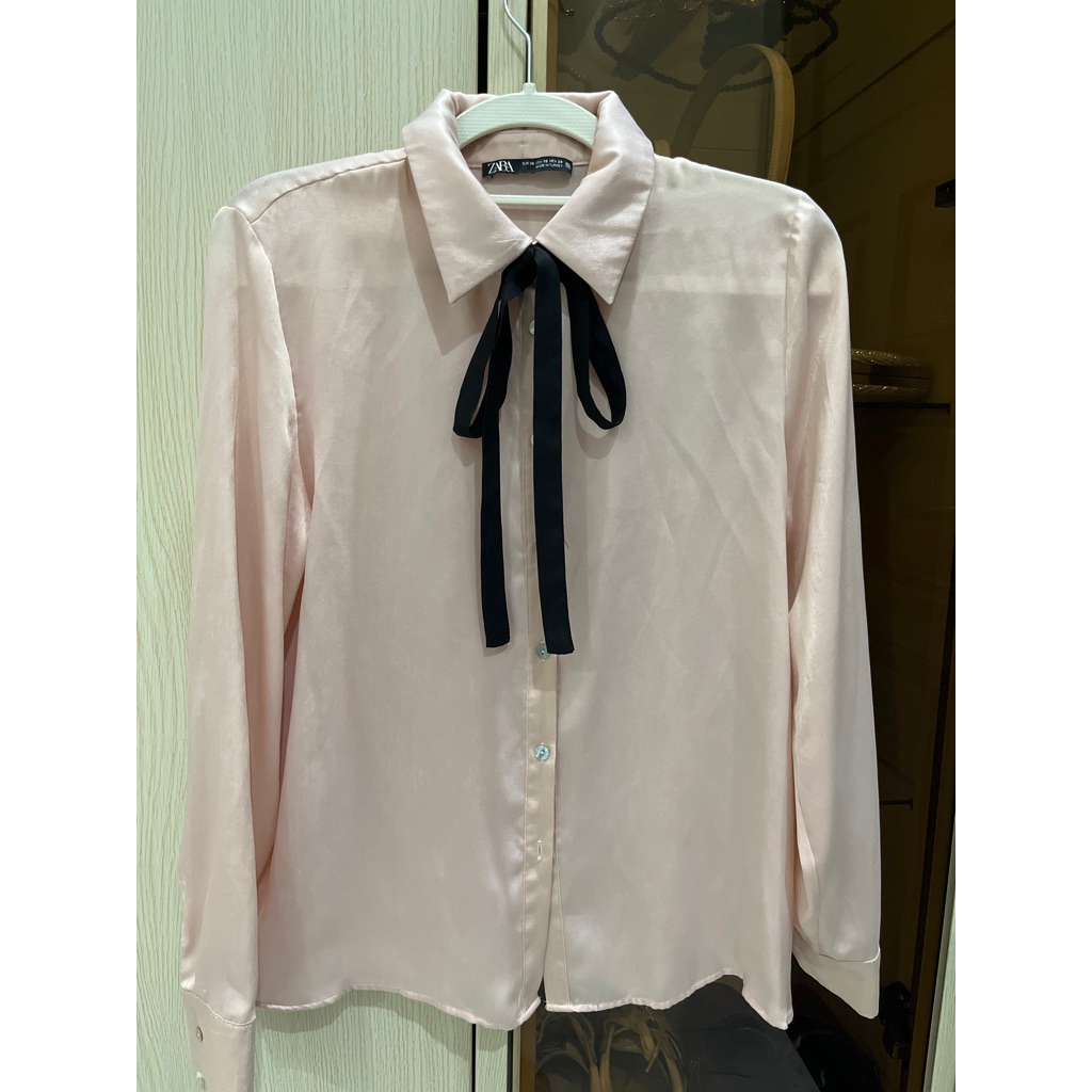 Zara Ribbon Shirt || Zara Kemeja Pink dengan Pita Coquette