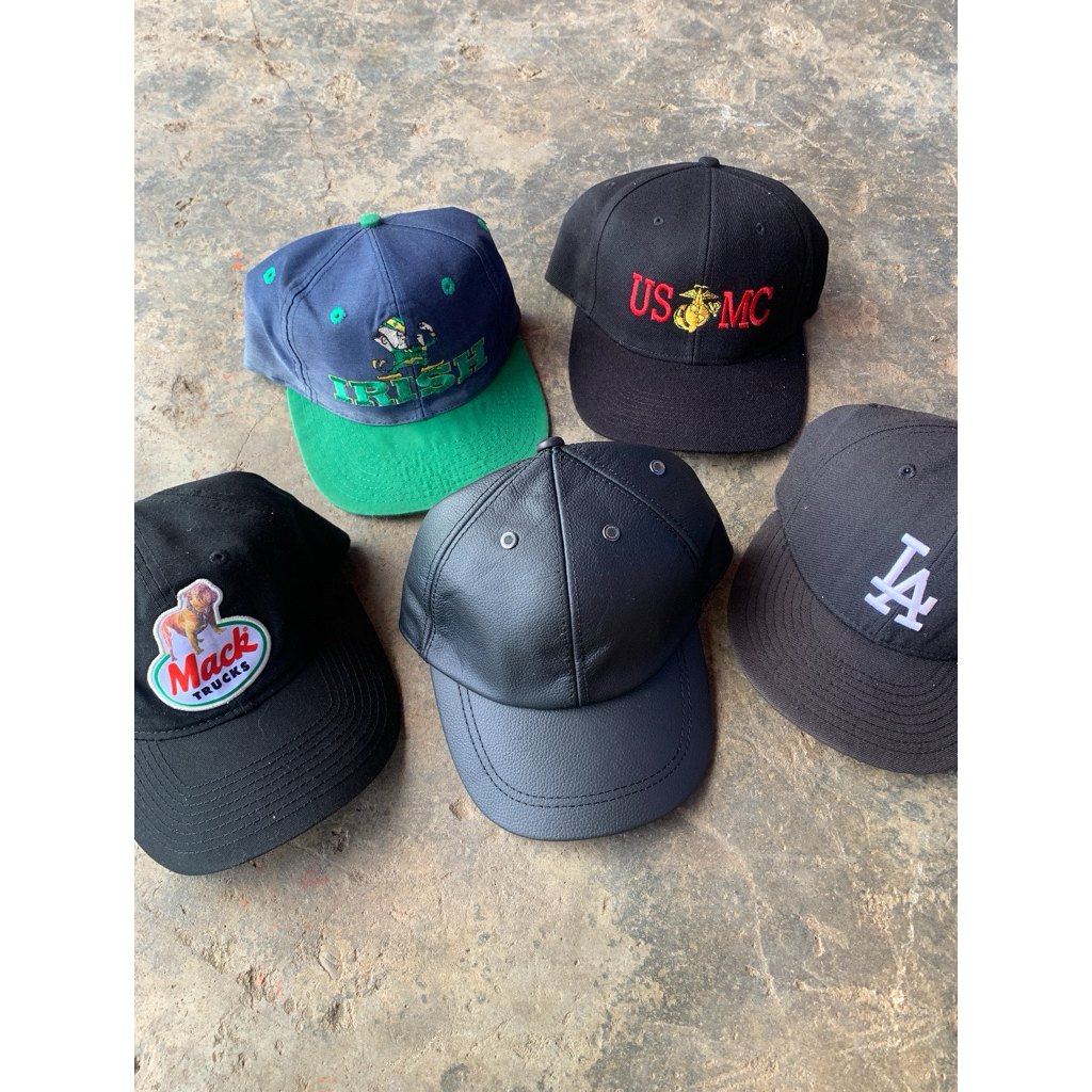 vtg cap mack, irish notre dame, usmc, leather hat, la new era