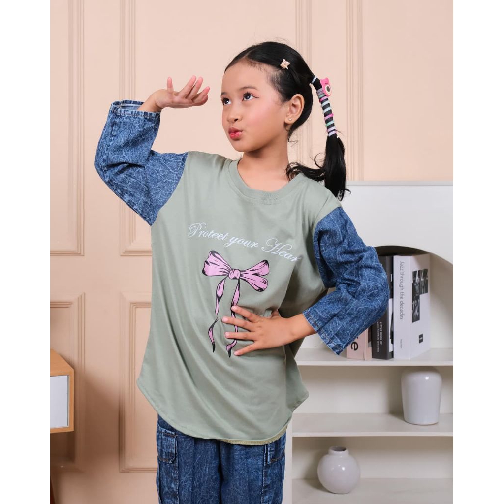 Setelan Anak Perempuan Celana Levis Cargo Baju Gambar Pita Usia 3 Tahun-14 Tahun Blue Indigo