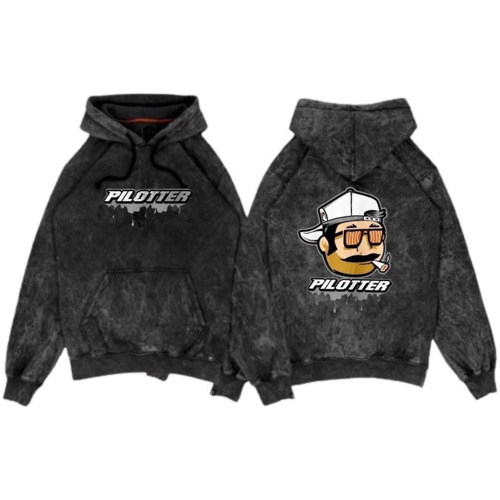Sweater Hoodie Washed Original  PILOTER SOMKE WHITE Black Wash Katun Plecce Tebal M.L.XL.XXL