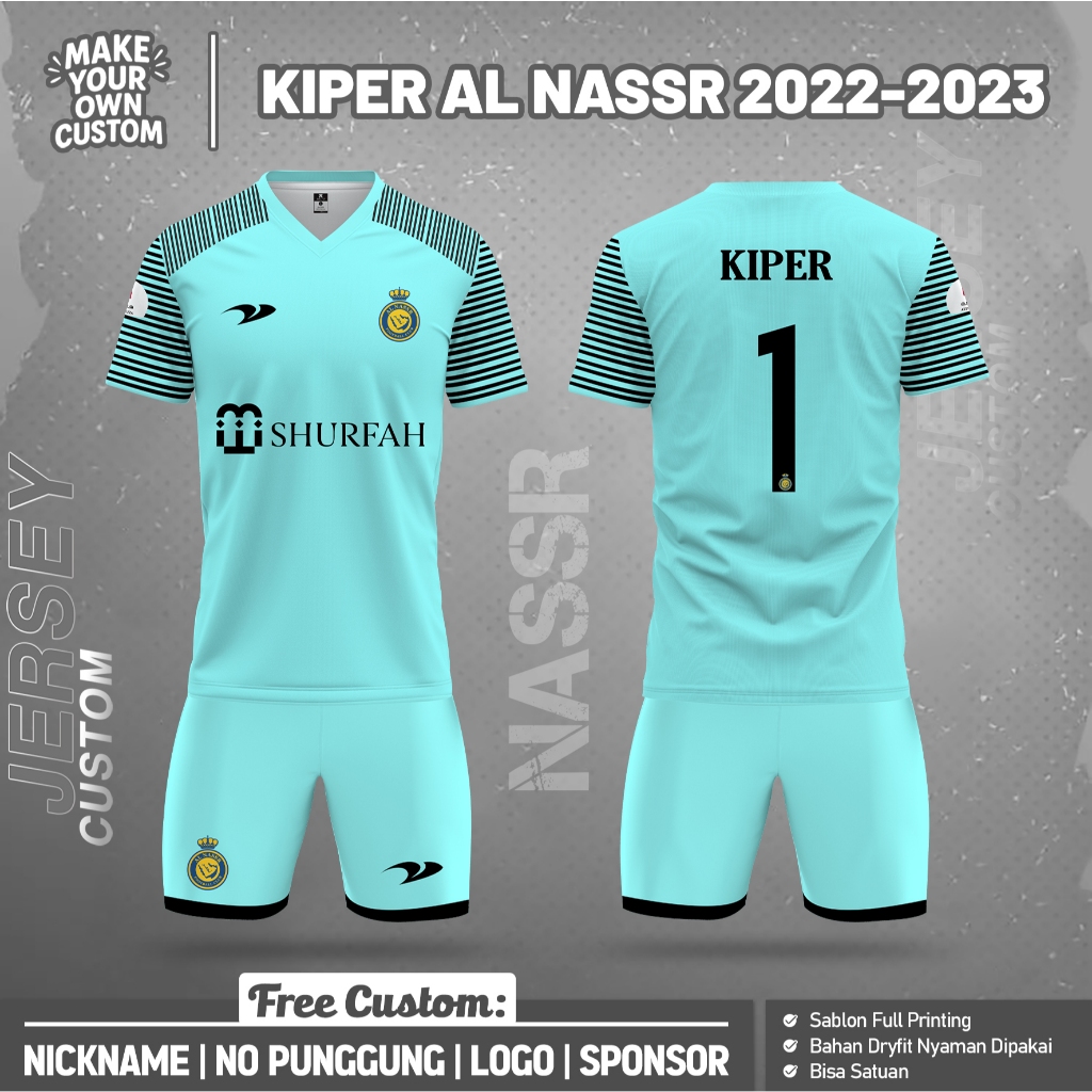 Baju Jersey Bola KIPER AL NASSR 2022-2023 PENDEK Free Custom Nama Nomor Logo Full Printing