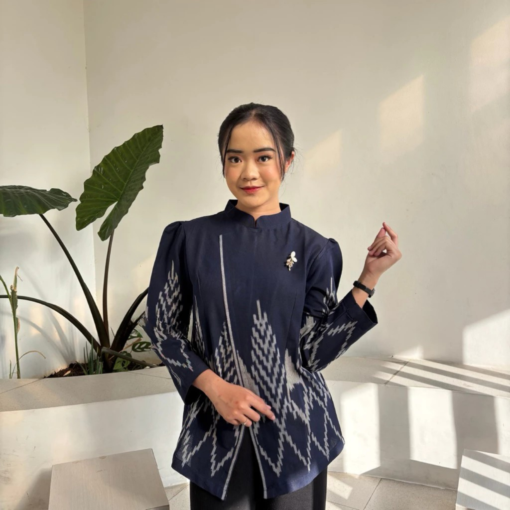ATASAN TENUN BLOUSE TENUN KERJA PREMIUM BATIK WANITA BAJU TENUN KERJA NAVY
