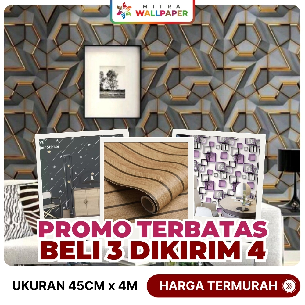 Wallpaper Dinding Ruang Tamu Minimalis Motif Geometri 3D Walpeper Stiker Lemari Kayu BELI 3 DAPAT 4