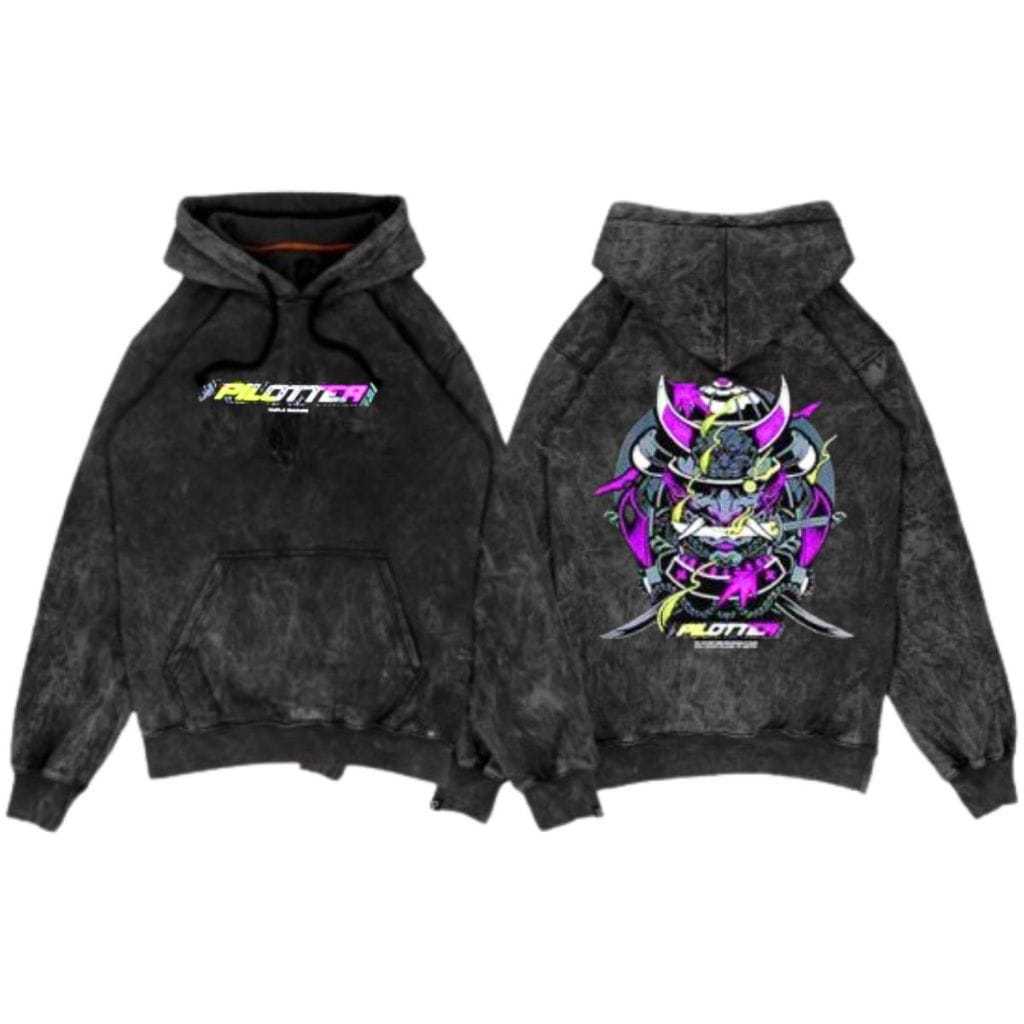Sweater Hoodie Washed Origina PILOTER  Black Wash Katun Plecce Tebal M.L.XL.XXL