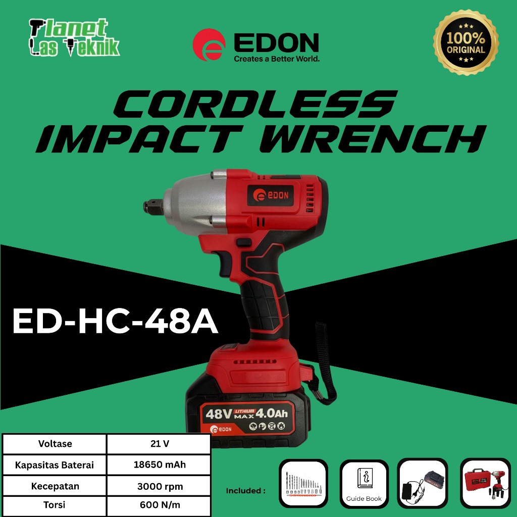 CORDLESS IMPACT WRENCH EDON 48V  600 N.M BOR BUKA BAUT KUNCI 48 VOLT 2 BATERAI 100% Original