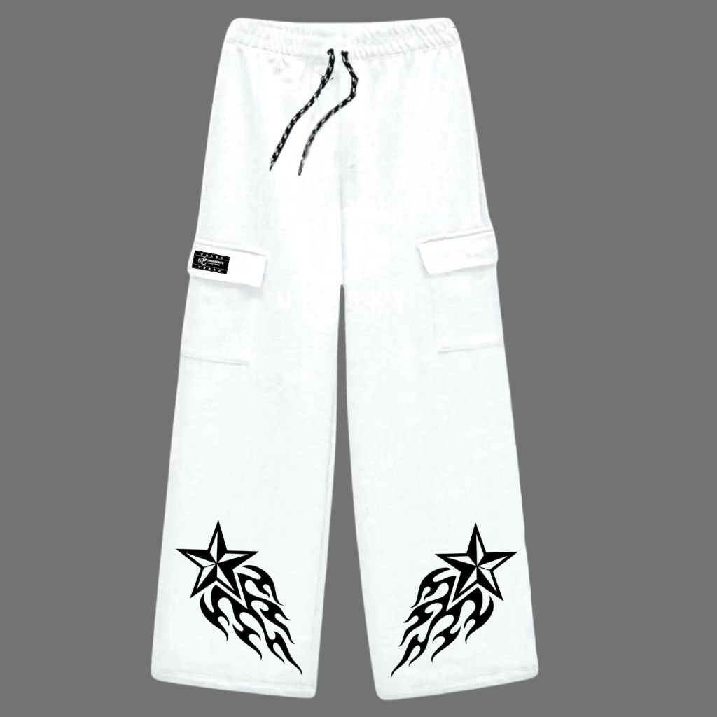 Celana Panjang Cargo Bahan Fleece Motif Star Fire Terbaru Warna Putih Brand Rapture Clothing Cargo F