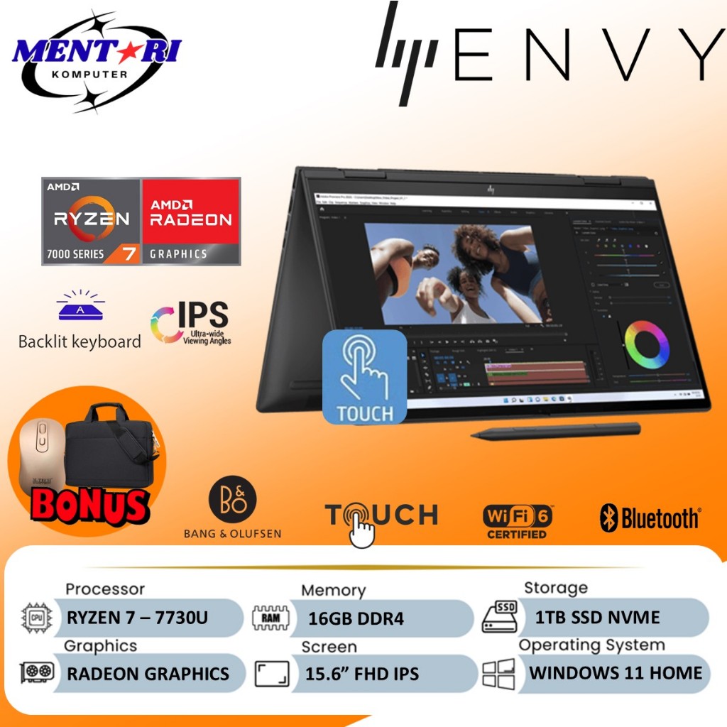 HP Envy X360 15 Ryzen 7 7730U 16GB 1TB SSD Touchscreen Laptop Premium FHD Black