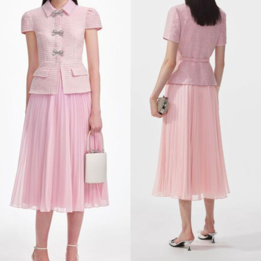 set pink top tweed with plisket skirt