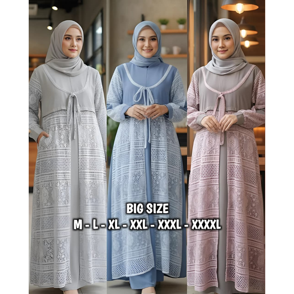 Dress Baju Gamis Brokat Mewah Jumbo Ld 120 130 140 Bahan Sabrina anti Uv Premium Import Terbaru 2025