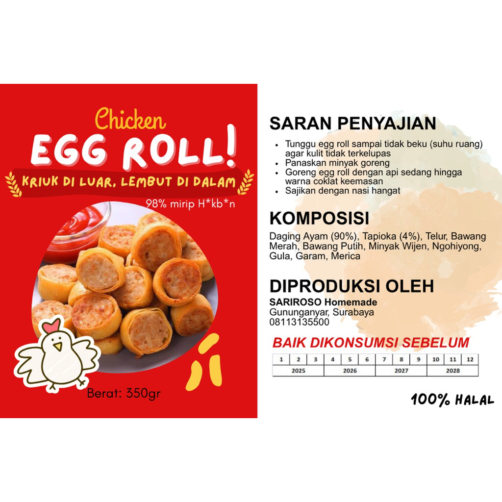 FROZEN FOOD CHICKEN EGG ROLL FULL DAGING AYAM & NON MSG/ MPASI/ EGGROLL HOKBEN