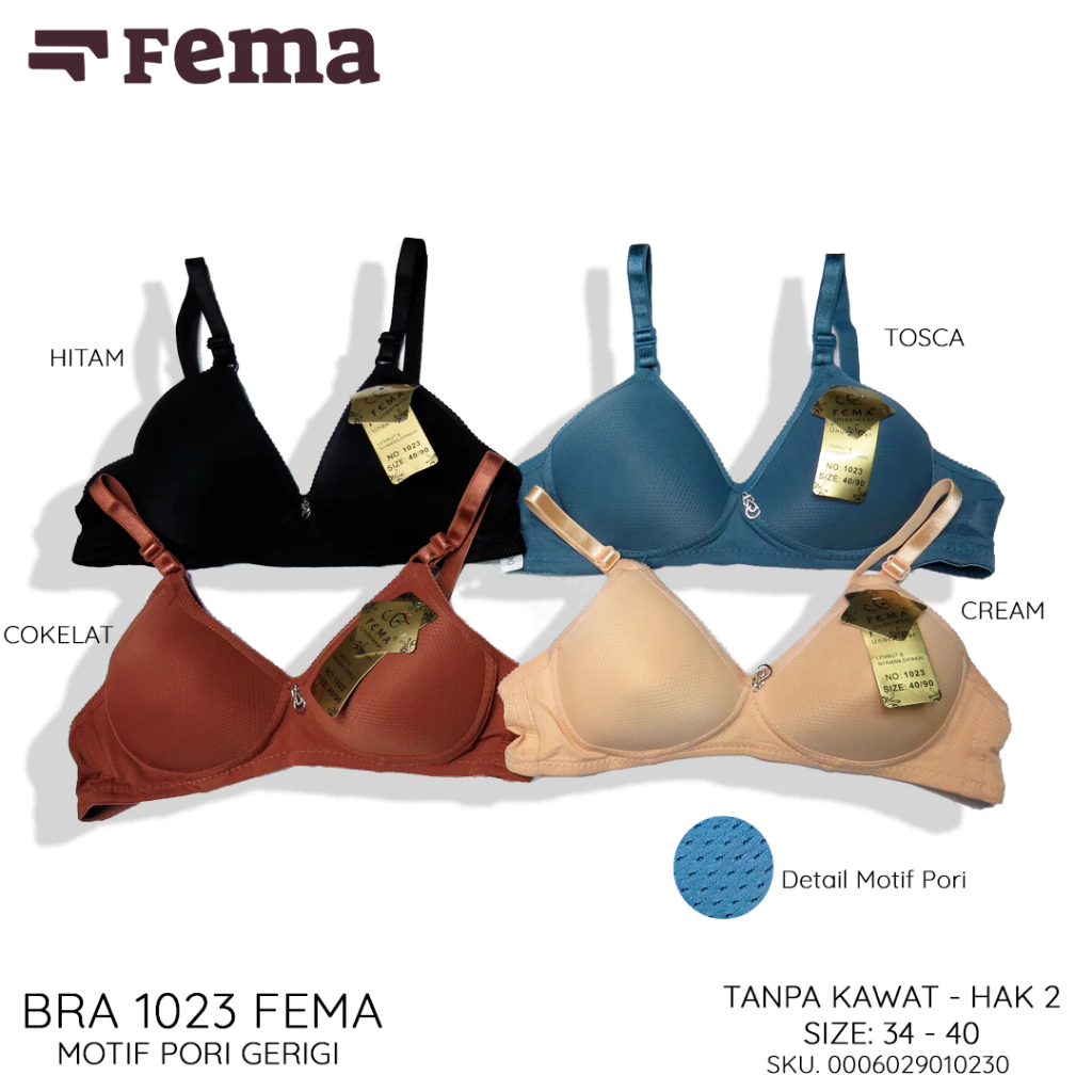 Bra Wanita Fema Motif Pori Tanpa Kawat Pengait 2 & 3 Ukuran 34-42