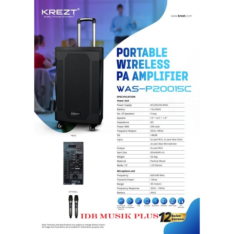 Speaker Portable 15" Krezt WAS-P20015C Original