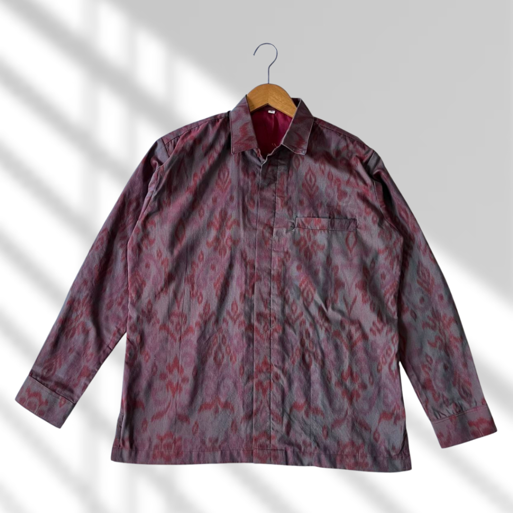 HEM TENUN FURING PRIA MOTIF TENUN TROSO UNGU TUA LENGAN PANJANG FULL KANCING — Batik Sekar Jepara