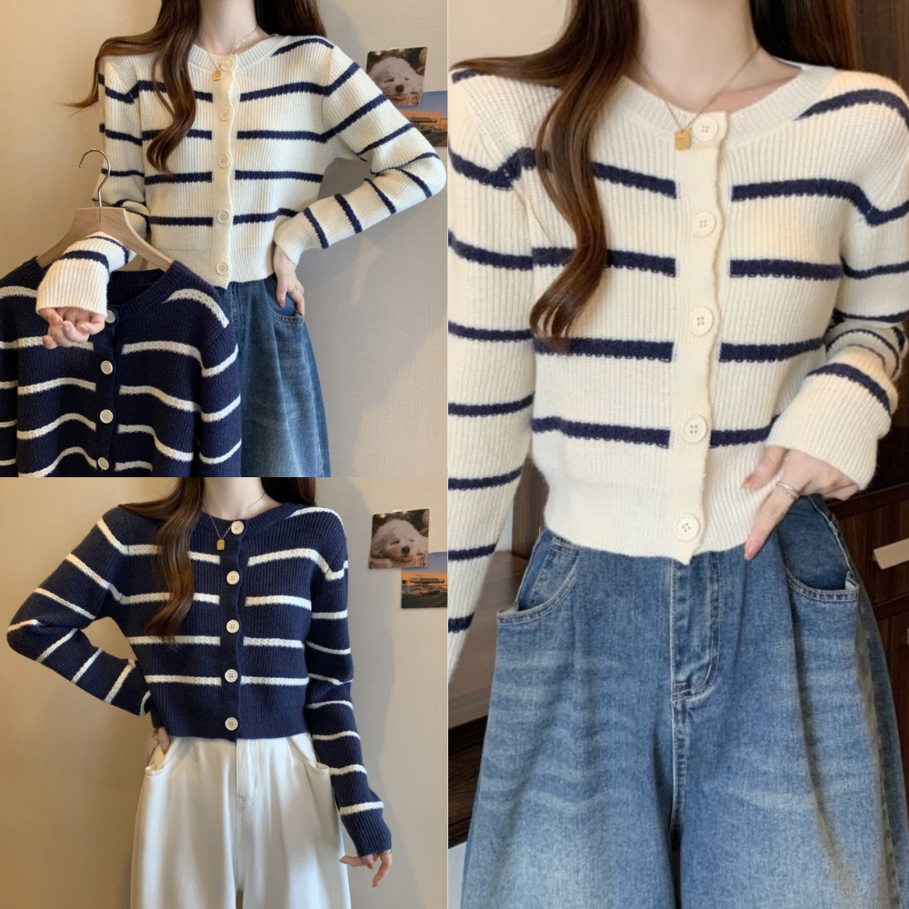 JEFA - STRIPE Cardigan Wanita Crop Top Knit Korean Style