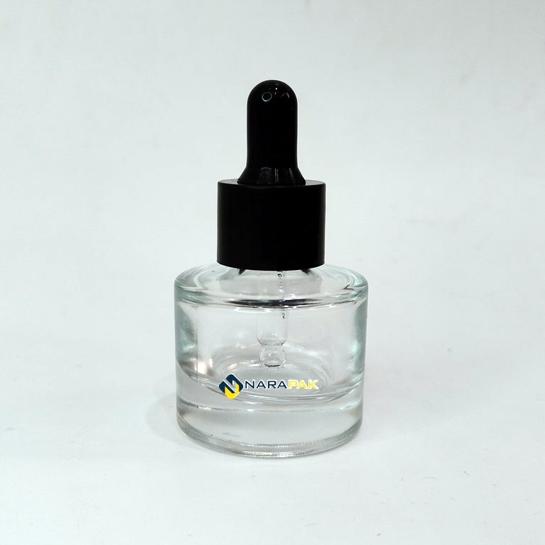 Botol Kaca 20ml Bulat Gemuk Kaca TEBAL Botol Pipet Serum Skincare Tutup Hitam Botol Skincare Premium