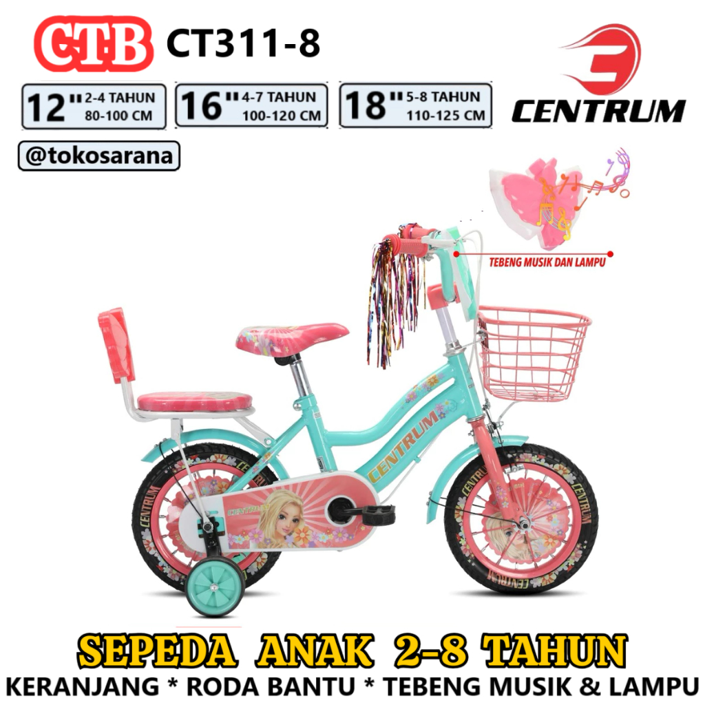 Centrum Sepeda Kota CT311-8 Mini CTB 12 16 18 Inci Keranjang Tebeng Musik & Lampu Anak 2-8 Tahun