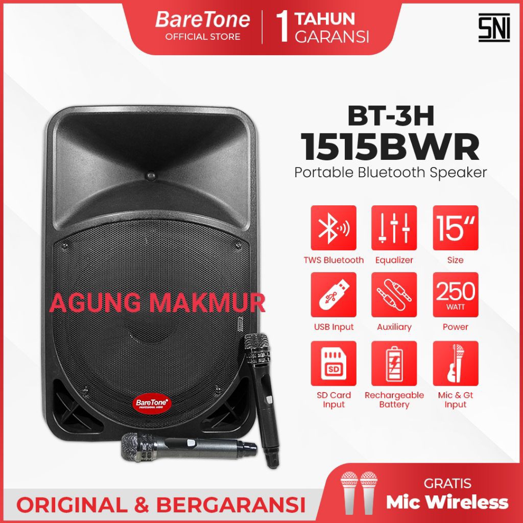 Speaker Portable Baretone BT-3H1515BWR 15 Inch Original - Speaker Aktif Baretone 15 Inch BT3H1515BWR