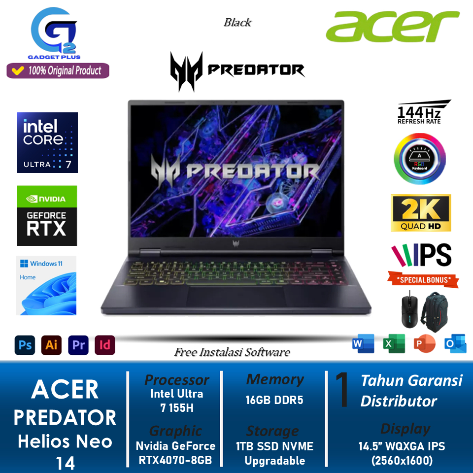 Laptop Acer Predator Helios Neo 14 RTX4070 8GB Intel Ultra 7 155H RAM 16GB 1TB SSD RGB Win11Home