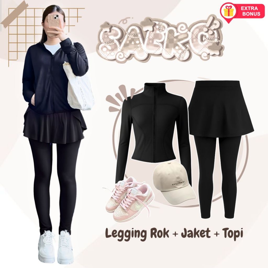 One set 3in1 legging rok jaket olahraga topi | ootd outfit oneset setelan wanita anak perempuan cewe