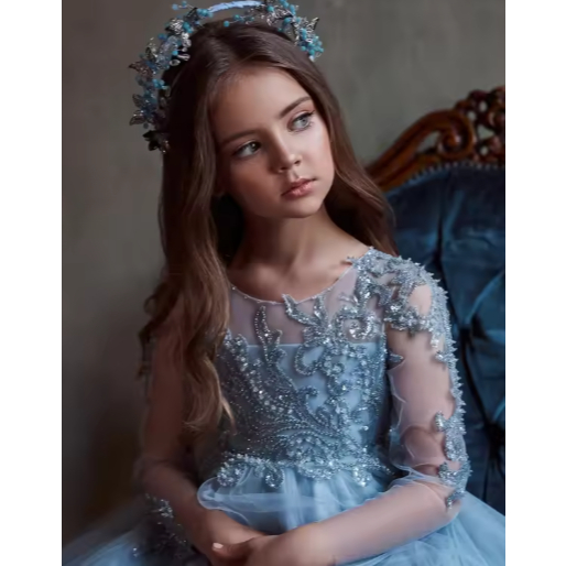 GAUN ANAK BIRU PESTA  EKOR  DENGAN PAYETAN MEWAH  BLUE  DRESS BAJU PESTA