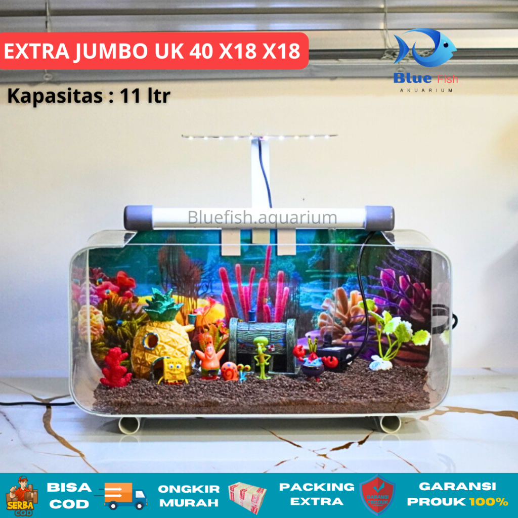 1 Set aquarium akrilik/ akuarium minimalis JUMBO UK 40 X 18 X 18 lengkap tinggal pakai (extra jumbo 
