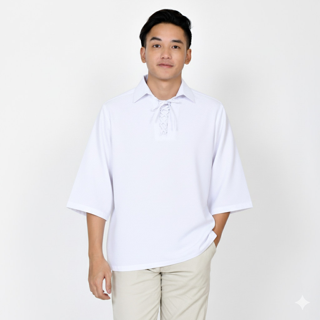 Kemeja Linen Big Size Pria Lengan Pendek Warna Putih