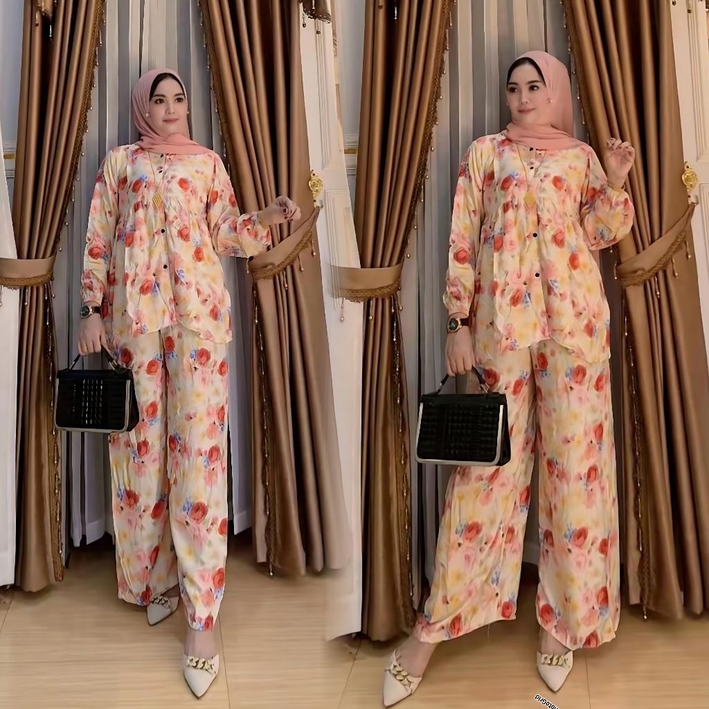 setelan wanita kulot Bunga besar warna-warni, busui friendly katun rayon Ld 110