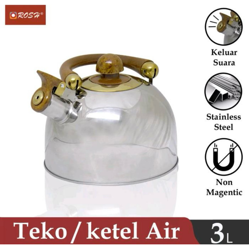 Teko Pemanas air rosh 3 Liter bunyi stainless steel tebal high quality kettle ketel ceret teko siul 