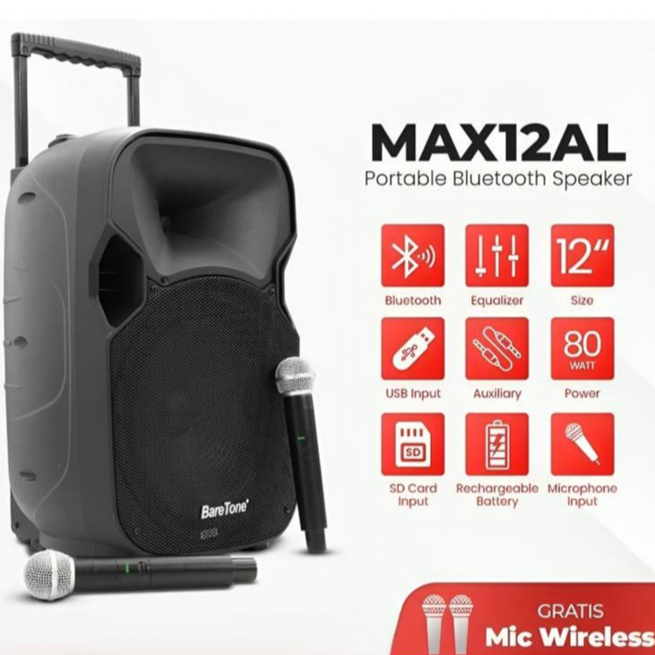 Speaker Aktif Portable Baretone 12 Inch MAX12AL/Speaker Karaoke Bluetooth Baretone 12” MAX 12AL