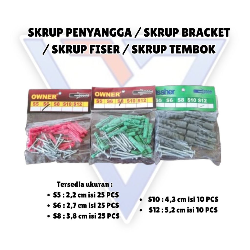 Skrup Fisher +Sekrup Baut Tembok Siku Rak Ukuran Lengkap S6 S8 S10 S12