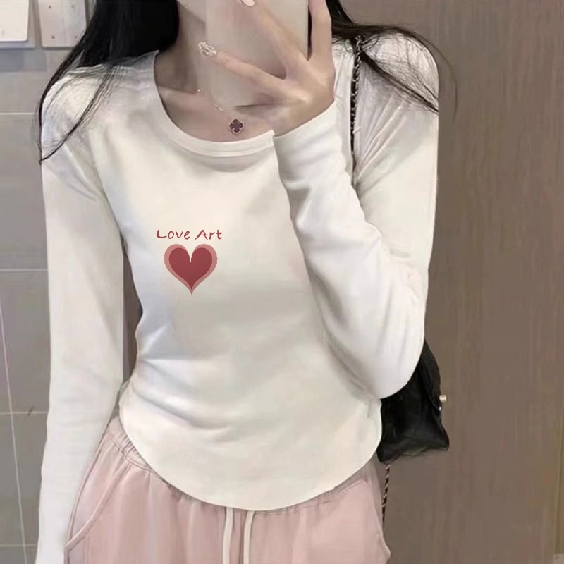 MONSEUR Baju Crop Top Kaos Wanita Lengan Panjang Terbaru Premium Slim Fit Top Pola cetak ikon hati k