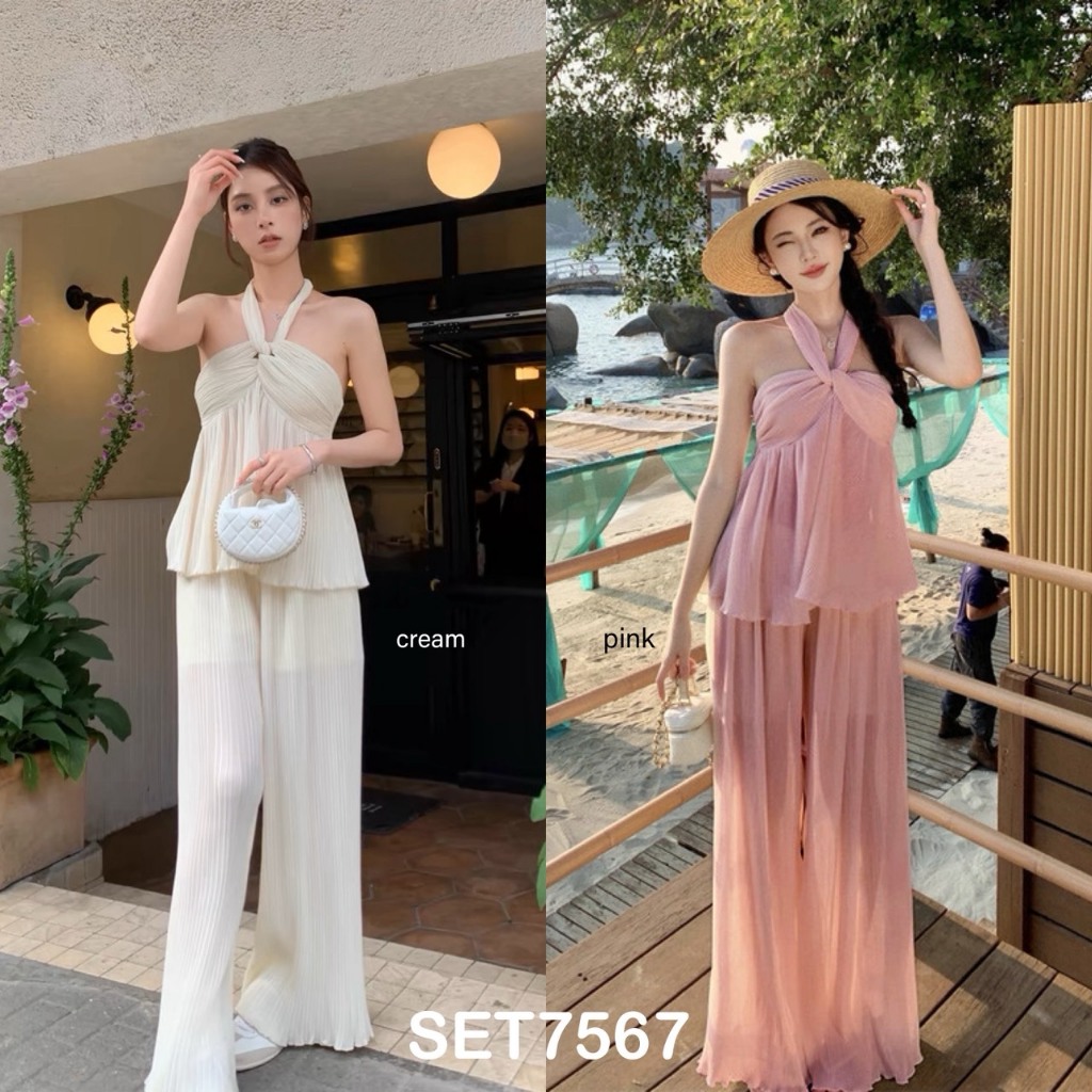 [FG] Beach Time Pleats Set Halterneck Top with Pants / Setelan Atasan Celana Wanita SET7567
