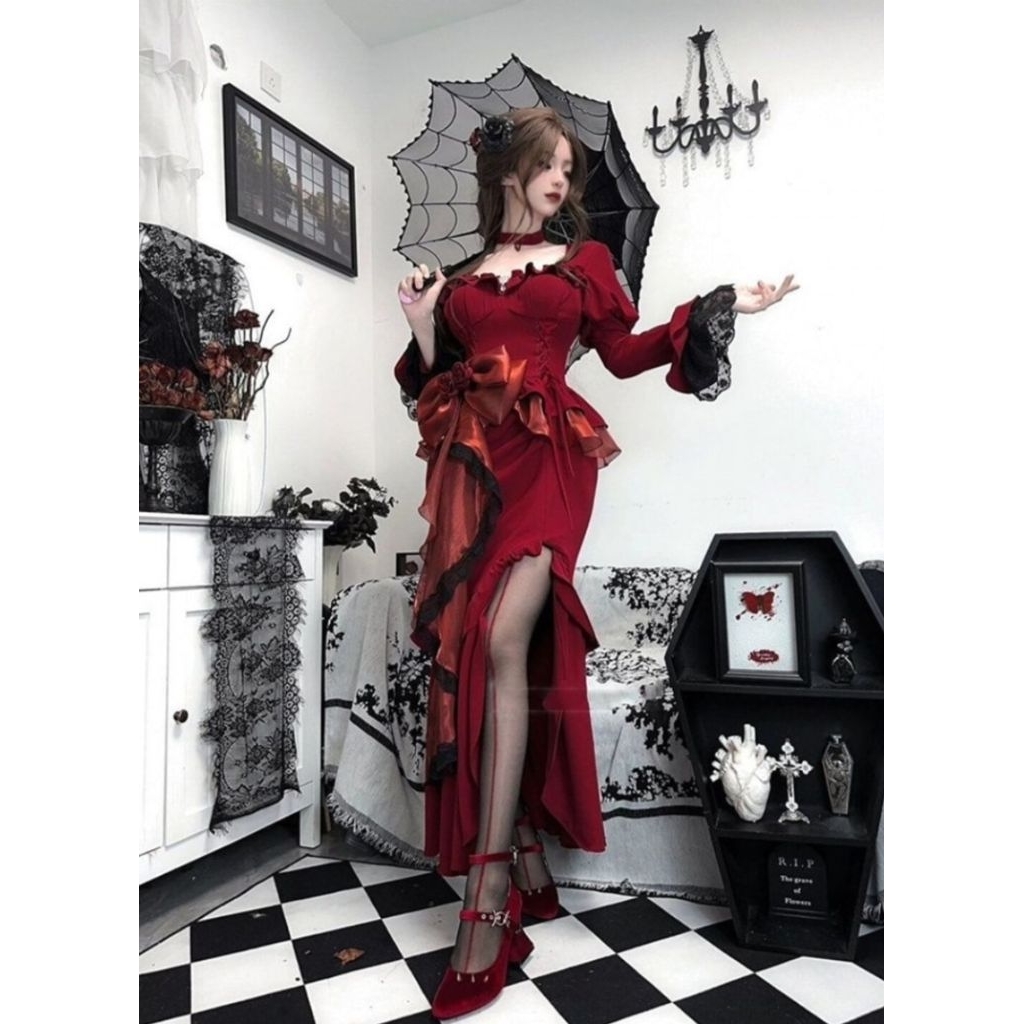 DRESS MERAH GOTHIC HALLOWEEN MAXI PANJANG - DREESS MERAH PANJANG - DRESS GOTHIC