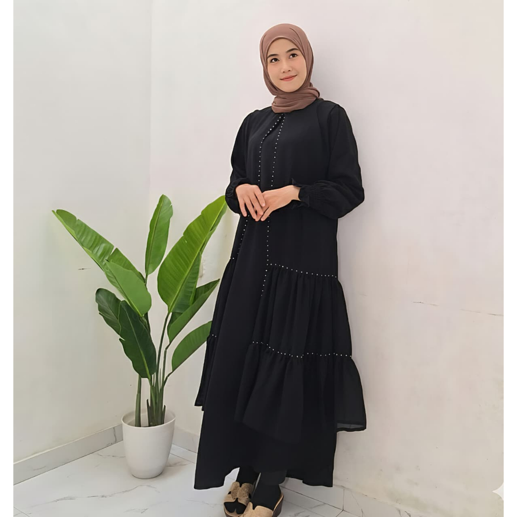 Abaya Hitam Kanaya Jetblack Sifon Gamis Lebaran Mewah Dress Wanita Busana Muslim