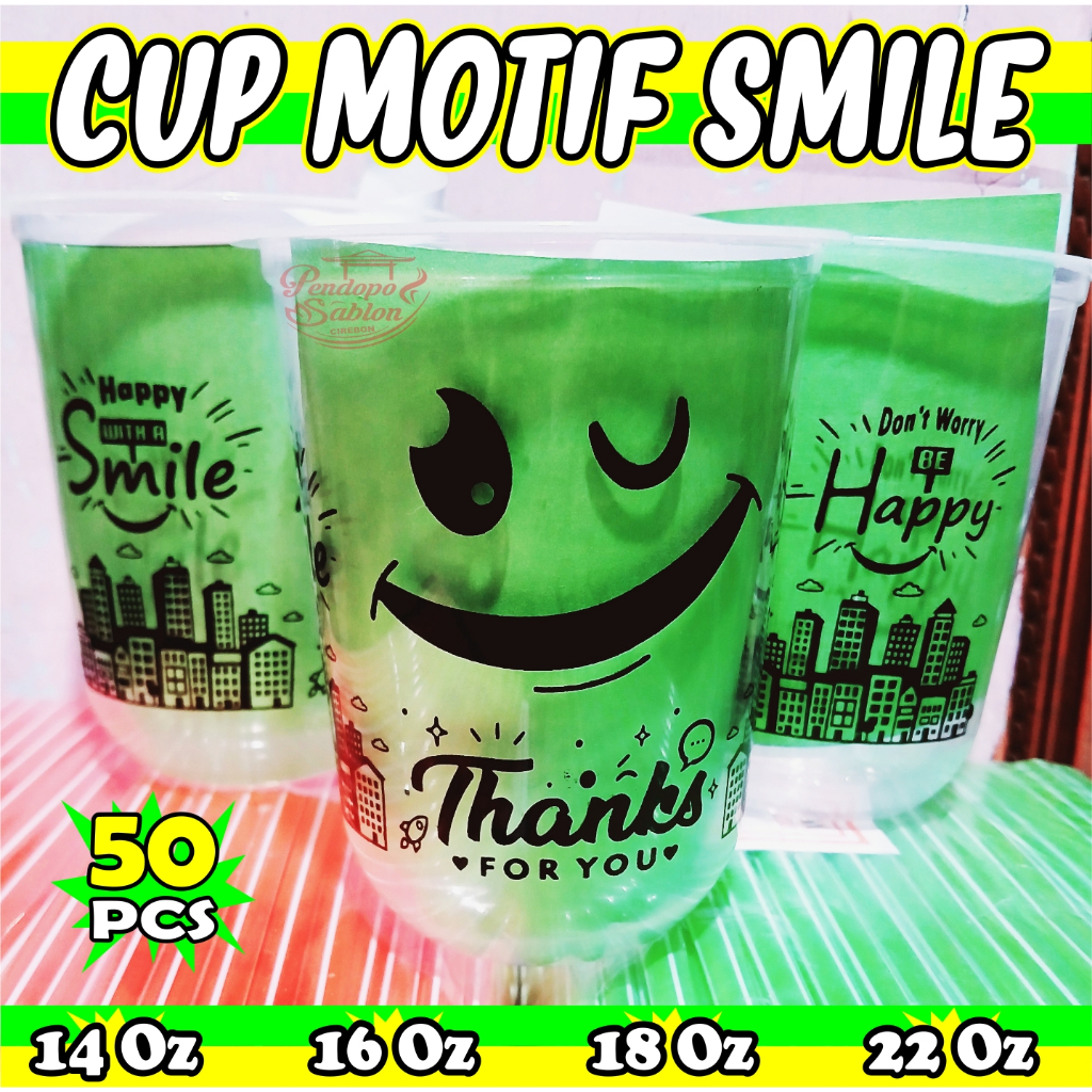 gelas cup plastik MOTIF SMILE 14oz 16oz 18oz 22oz oval datar/ cup boba / sedotan boba bubble