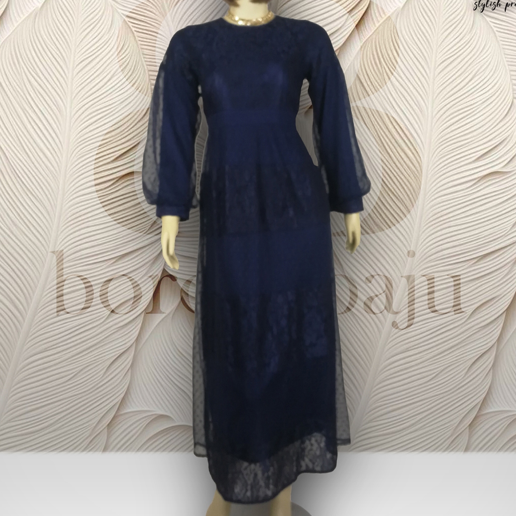 Baju Muslim Gamis Brokat Navy Lengan Balon GMS04 Wanita Dewasa Mewah Wisuda Pesta Kondangan Lebaran