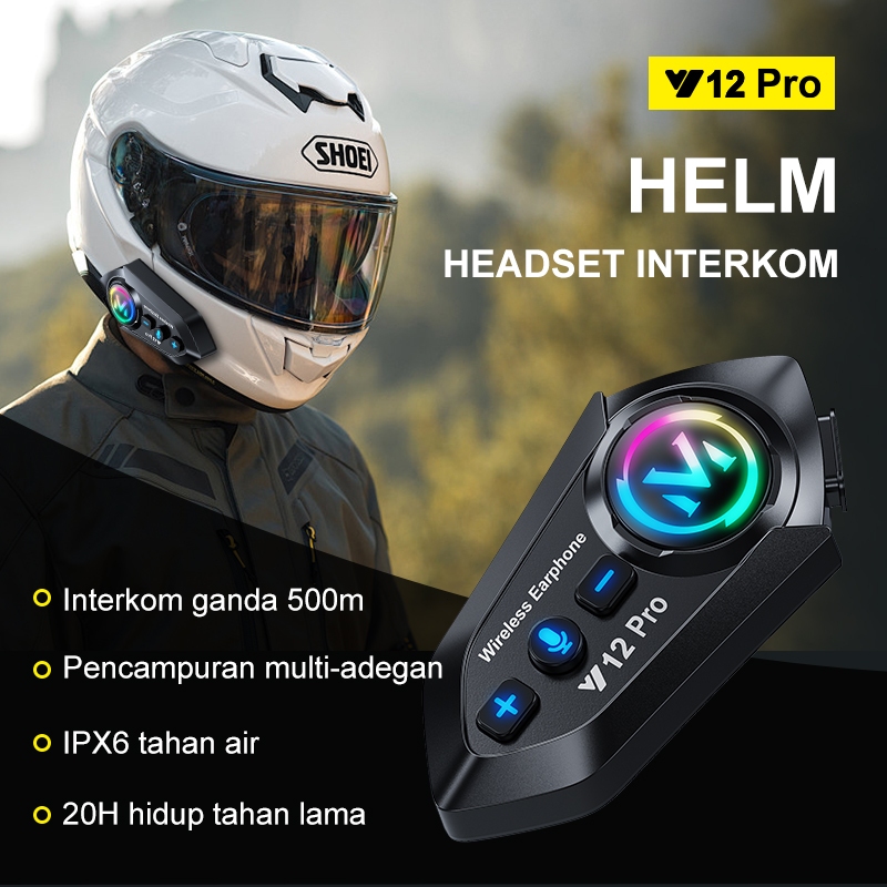Jzaq Intercom Y12 Pro Helm Bluetooth Interkom /Intercom Helm Waterproof/Headset Bluetooth Helm