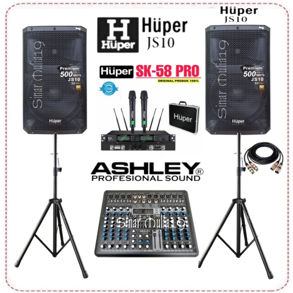 Paket Sound System Speaker Aktif Huper JS10 Mixer Ashley 8 Ch Bluetooth Mic Wireless Huper SK 58 PRO