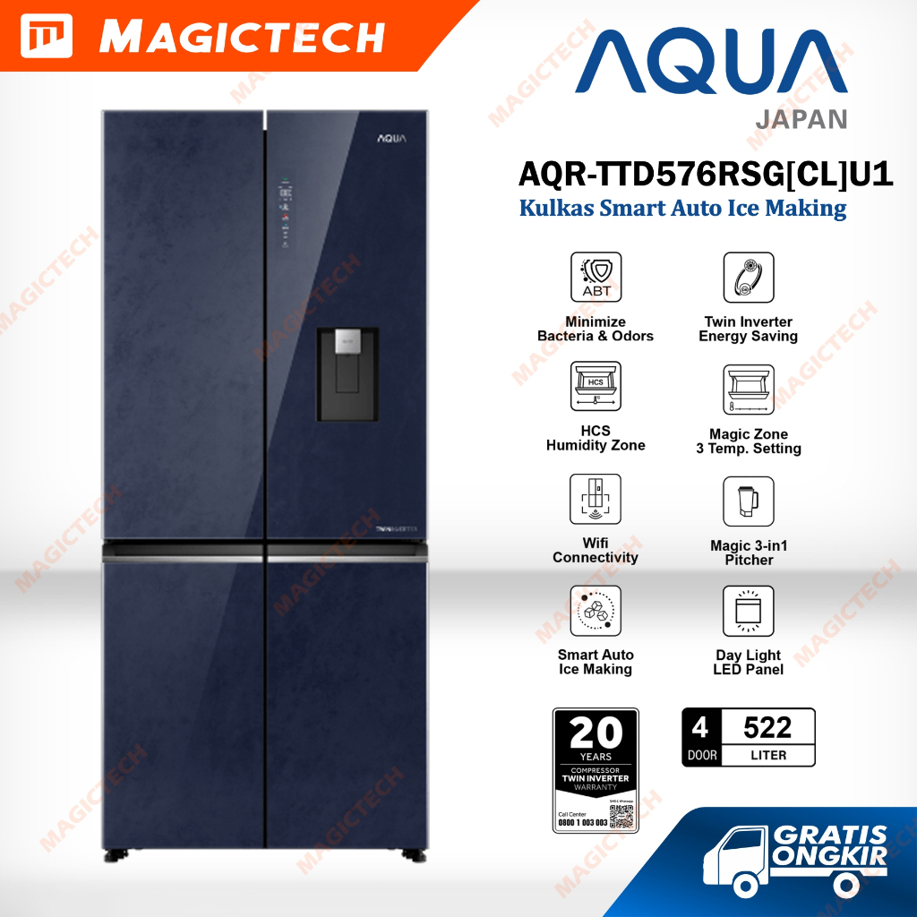 AQUA Kulkas 4 Pintu Multidoor Inverter 522 L Twin Inverter Wifi Connectivity AQR-TTD576RSG(CL)U1