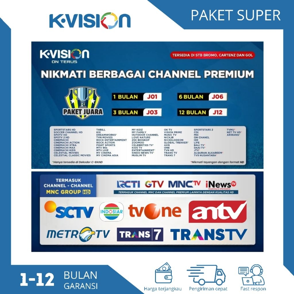 Paket K-VISION JUARA (Bromo Cartenz dan GOL) Gardiner Optus Lgsat